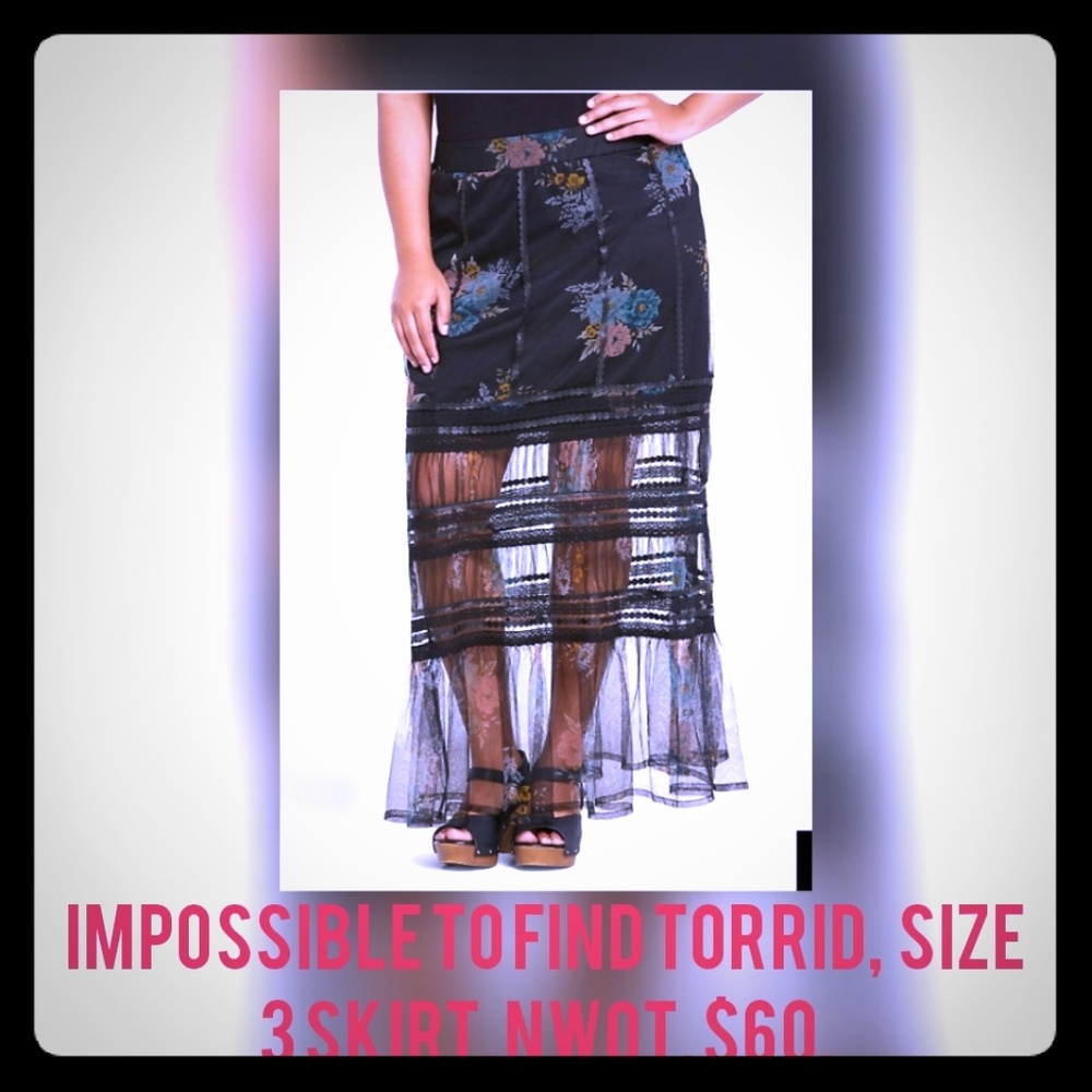 Torrid,  sheer black and floral maxi skirts. 2016
